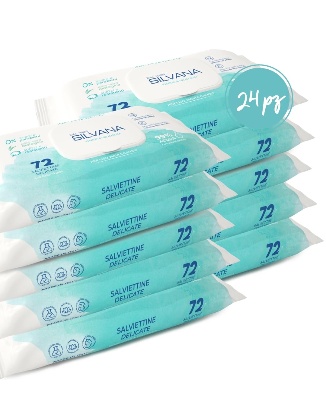 Silvana Salviettine Delicate per neonati e bambini – 99% Acqua– Pelli Sensibili – Senza Alcol (24 confezioni da 72)