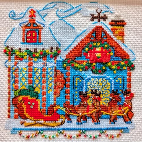 Image of RIOLIS - Cabin with Sleigh 1661, Christmas Cross Stitch Kits 6 inchX6 inch, Cross Stitch Kits for Beginners & Advanced, Crossstitching Kit Adult, Embroidery Counted Stitching Kit