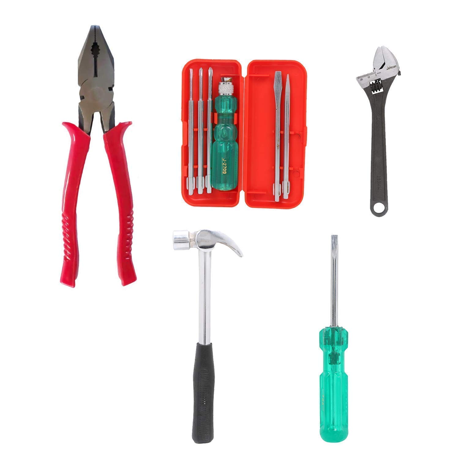 Suzec Johnson Advance Home Kit Combination Plier & 5-Pieces Screwdriver (Multicolour) Adjustable Wrench (200 Mm) Claw Hammer With Steel Shaft Two In One Screw Driver (Green)
