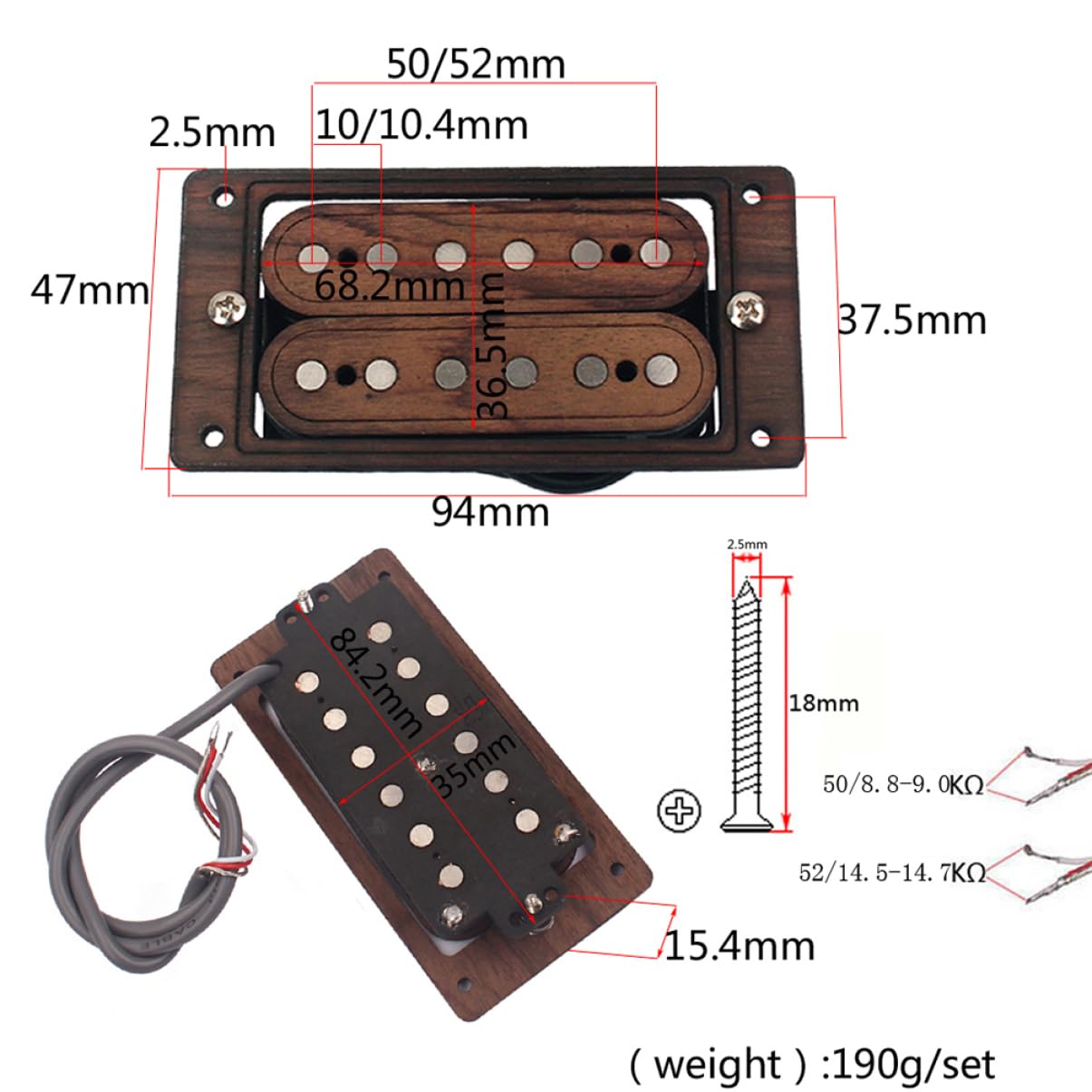 Humbucker in Legno di Rosa Gmc52 per Chitarra Elettrica 6 Corde | Ricambio per Modelli Stile e Modello a Doppia Spalla, Tonalità Bilanciate Classiche, per Chitarristi, Set Collo e Ponte