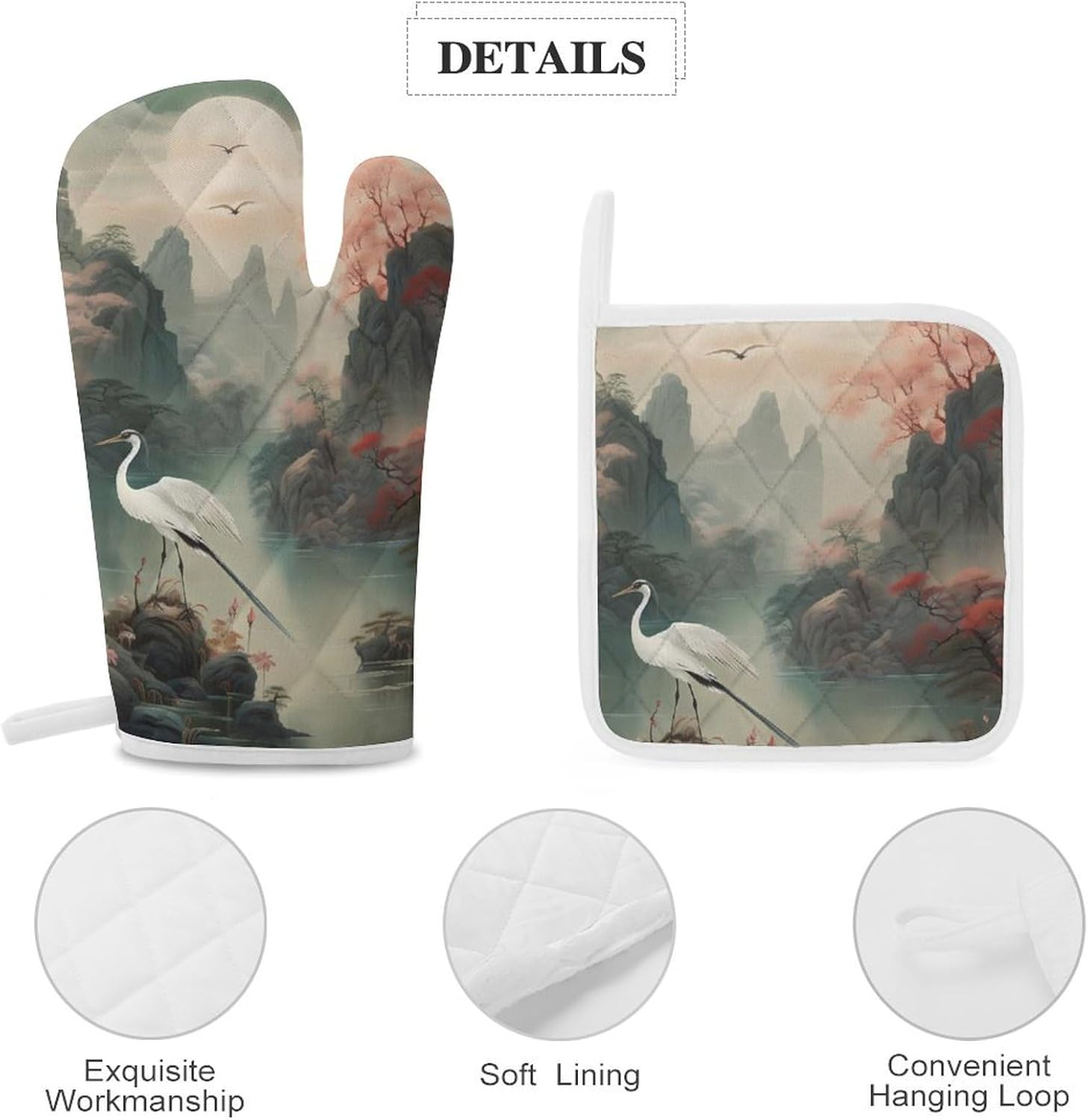 Chinese-Style Landscape Painting of A Crane Flying Birds 4 Pcs Oven Mitts and Pot Holders Set High Heat Resistant Long Kitchen Oven Glove Potholders