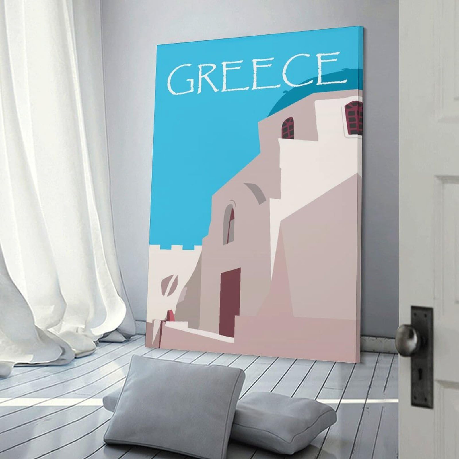 Junmoney Greece Church Illustration Decorative Wall Artwork, 08x12inch(20x30cm), for New Homes, Bedrooms Or Workspaces, Gift Idea for Housewarming And Birthdays