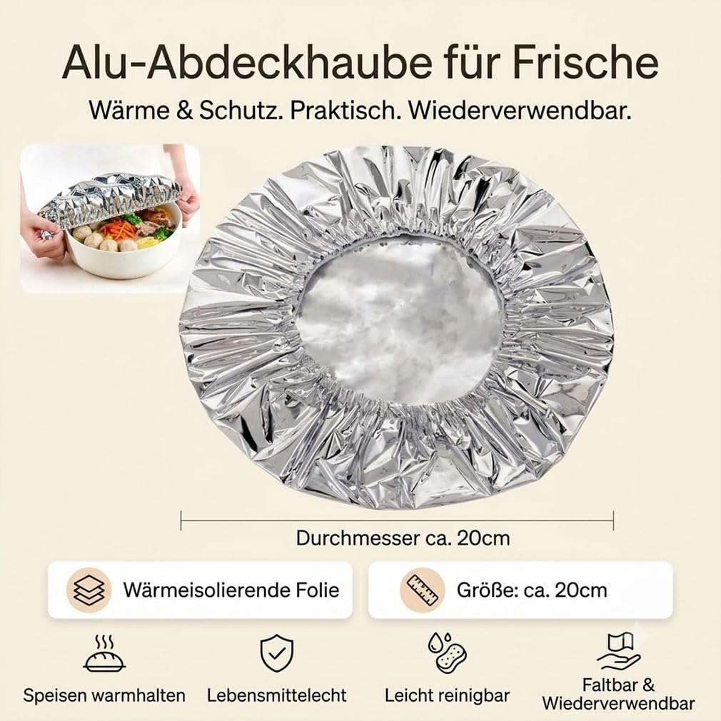 Alufolie Isolierhaube mit Gummiband 50/100/200 Stück Abdeckhaube,Alufolie Isolierhaube für Schüsseln. elastischem runden Gummizug zur Speisenabdeckung. (50Stück)