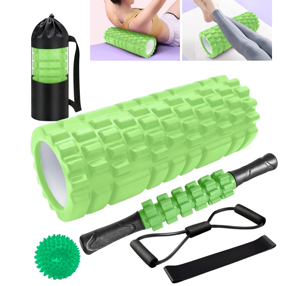 Rullo Massaggio Muscolare, Qveetry 6 in 1 Foam Roller Rullo in Schiuma Pallina Massaggiante Bastone Massaggio bande di resistenza per Stretching Yoga Pilates Rilascio Miofasciale