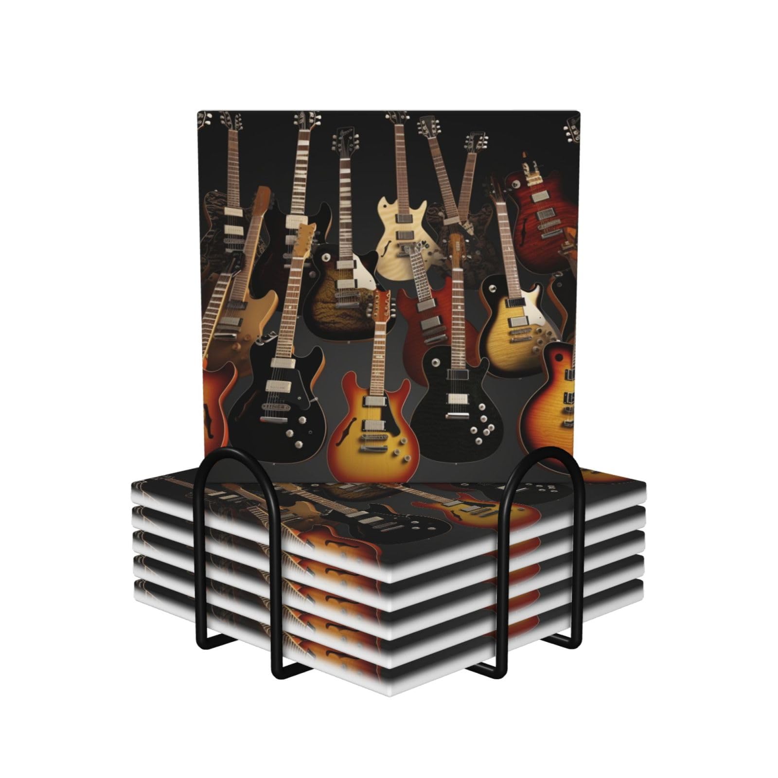 6Pcs Ceramics Coaster for Drinks, Guitars Cup Coasters with Holder, Aesthetic Drink Coasters for Coffee Table, Absorbent Round Coaster for Tabletop Protection 4" Cup Mat Pad