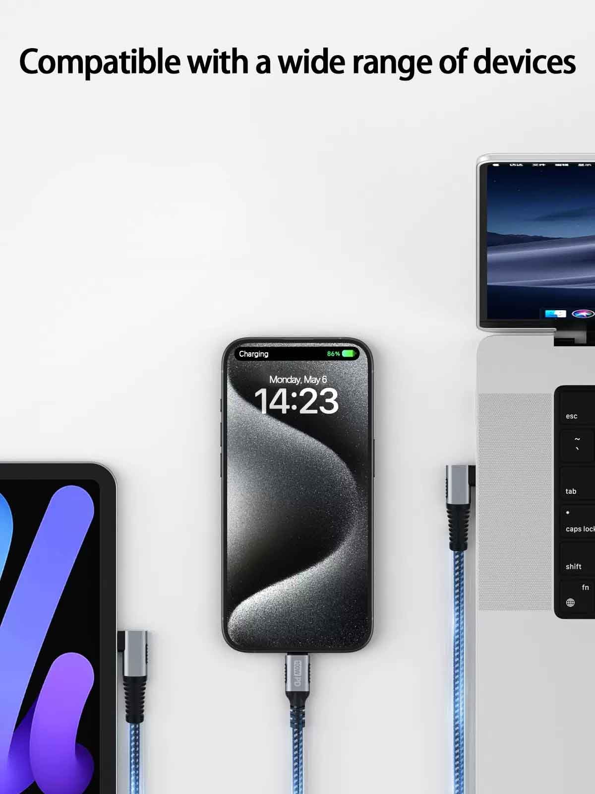 Cable de carga rápida tipo C en ángulo recto de 15 pies, 100 W, cable trenzado USB-C a USB-C para iPhone 15/15 Plus/15 Pro/15 Pro Max, MacBook Air/Pro, iPad Pro/Air/Mini, Pixel, Dell XPS, Samsung