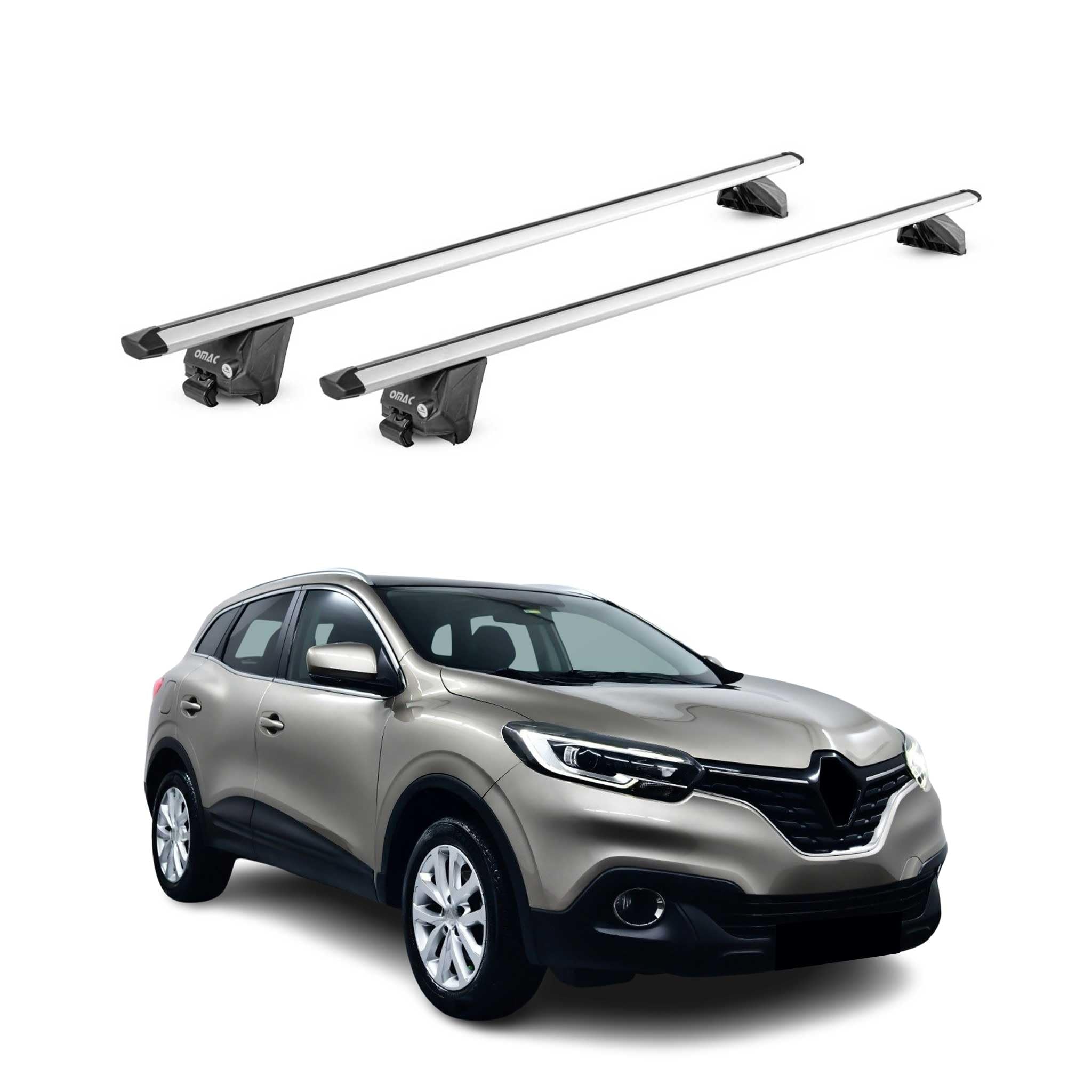 OMAC Barras de Techo Aluminio TÜV geprüft para Renault Kadjar 2015-2022 – para Barras Integradas – T Nut – MAX 100 kg – 2 Schlösser Plata