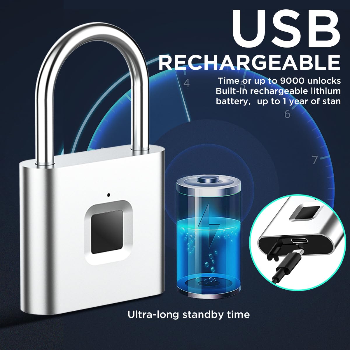 AICase Cadenas numérique à empreintes digitales, rechargeable par USB, verrouillage sans clé, IP67, étanche, pour intérieur et extérieur, argenté