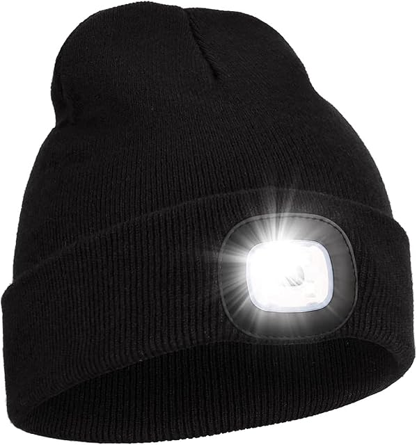 EHIOG LED Hat Beanie, Unisex Headlamp Beanie Cap, Hand Free Lighted Hat Torch Unisex Winter Warm Knit Beanie, for Night Walking, Running, Biking, Dog Walking Black