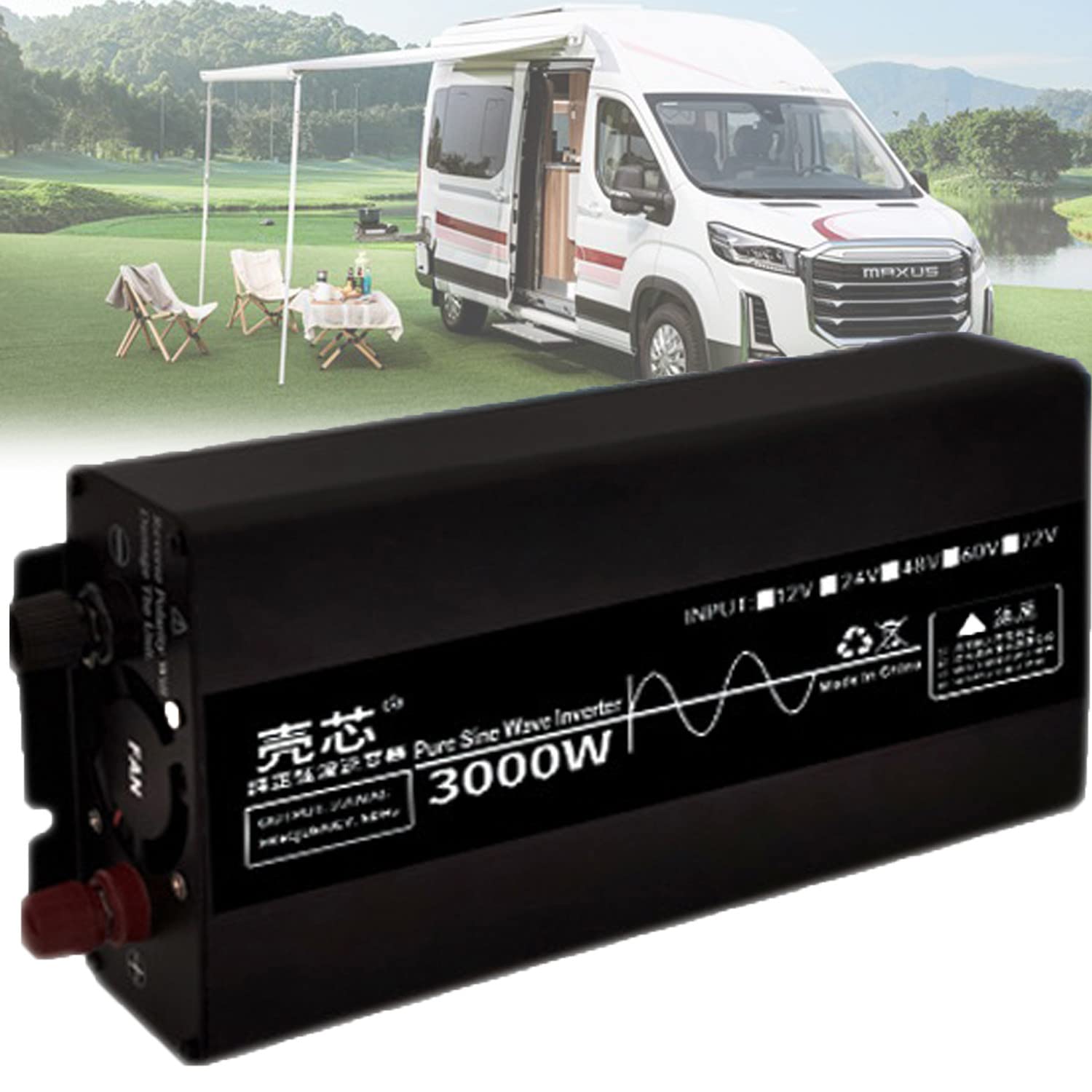 1600W/3000W/3500W/4500W/7000W/10000W przetwornica napięcia 12V/24V/48V/60V do 220V/230V czysta fala sinusoidalna falownik z 2 gniazdami EU ekran LCD, konwerter samochodowy,3000W-48V