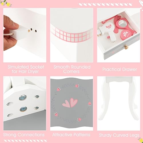Miniatura 3 de Costzon Juego de tocador para niños, juego de tocador y silla de maquillaje de princesa 2 en 1 con espejo triple desmontable, tocador para niños