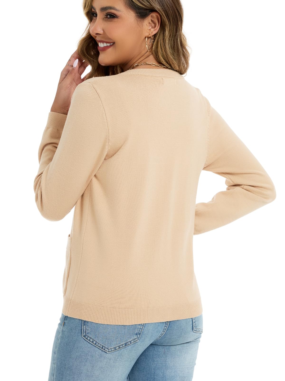 Cárdigan de punto para mujer de manga larga, cuello redondo, corto, de punto fino, con botones, bolsillos, informal, suave y fino