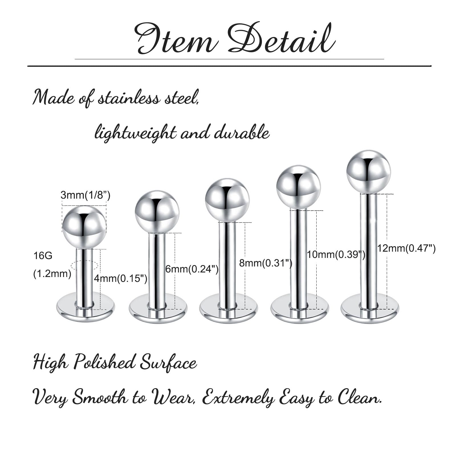 Besyvvin Lip Bars Labret Studs 16G Stainless Steel Plastic Flat Back Helix Tragus Cartilage Earring Stud 4-12MM Monroe Medusa Piercing Jewellery Silver Gold — view 2