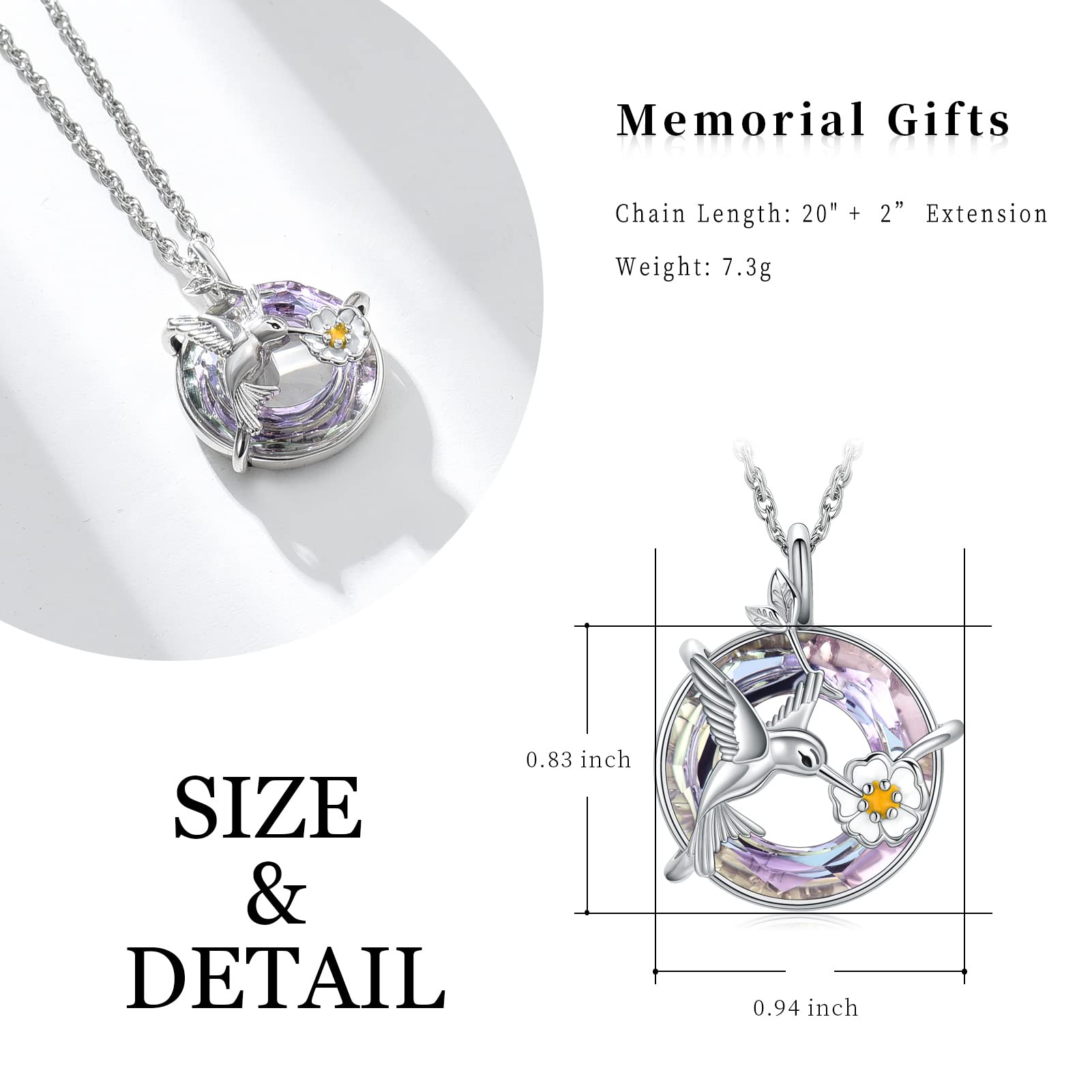 shajwo Hummingbird Urn Necklace for Ashes for Women Cremation Jewelry for Ashes Keepsake Memorial Human Ash Pendant,Light Purple