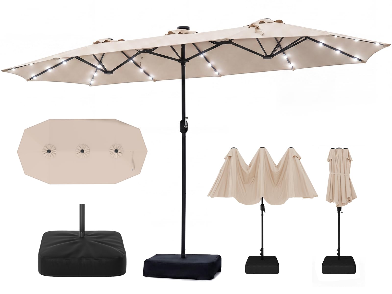 RELAX4LIFE Grand Parasol de Jardin Exterieur LED avec Pied, 4x2M Parasol Double Éclairé pour Terrasse/Piscine/Marché, 12 Baleines Renforcées, Manivelle, Protection Solaire pour 6-8 Personnes (Beige)