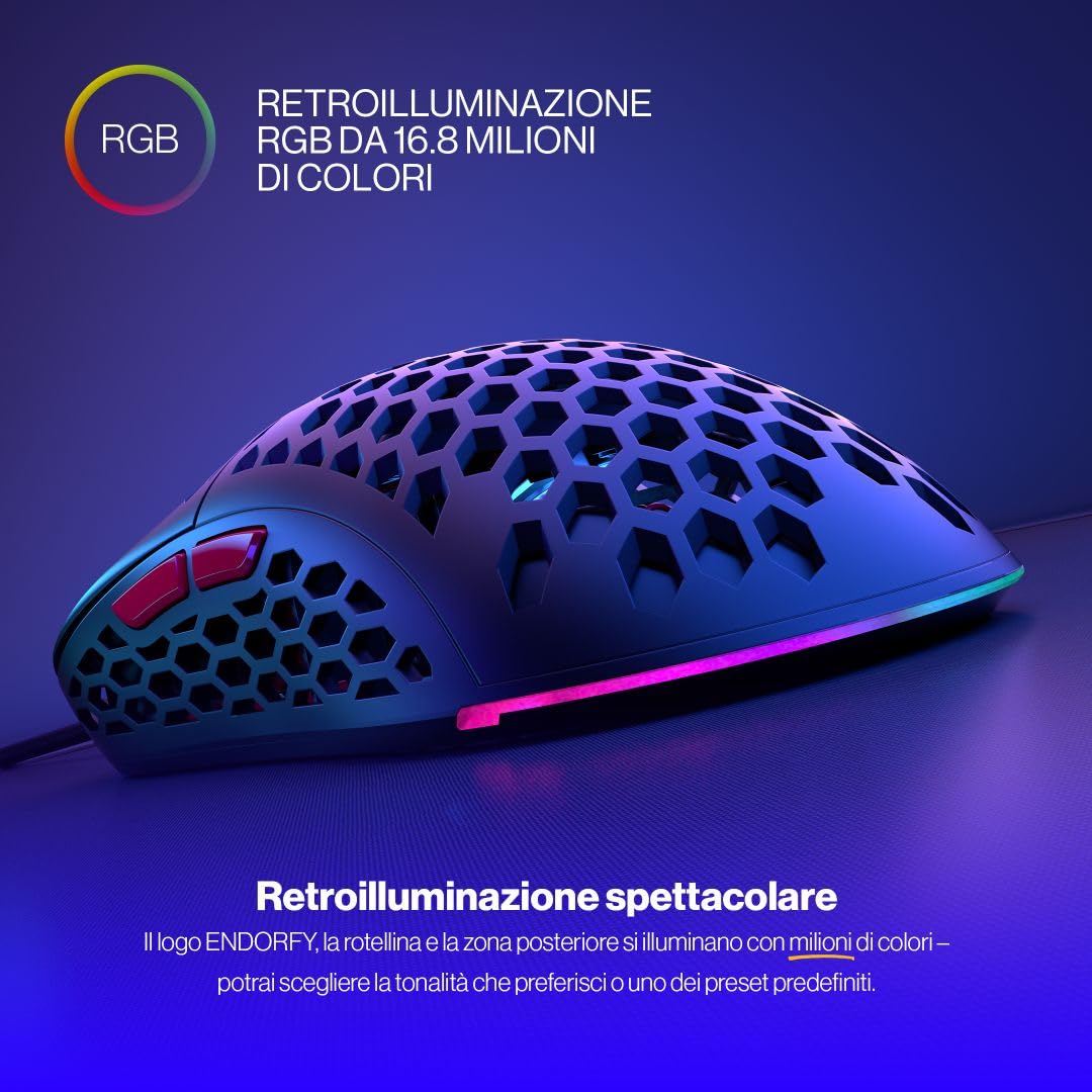 ENDORFY LIX Plus, Mouse da Gaming Leggero (59 g), sensore PixArt PMW3370, 19 000 DPI, Switch Meccanici Kailh GM 8.0 80M, 6 Tasti programmabili, EY6A001
