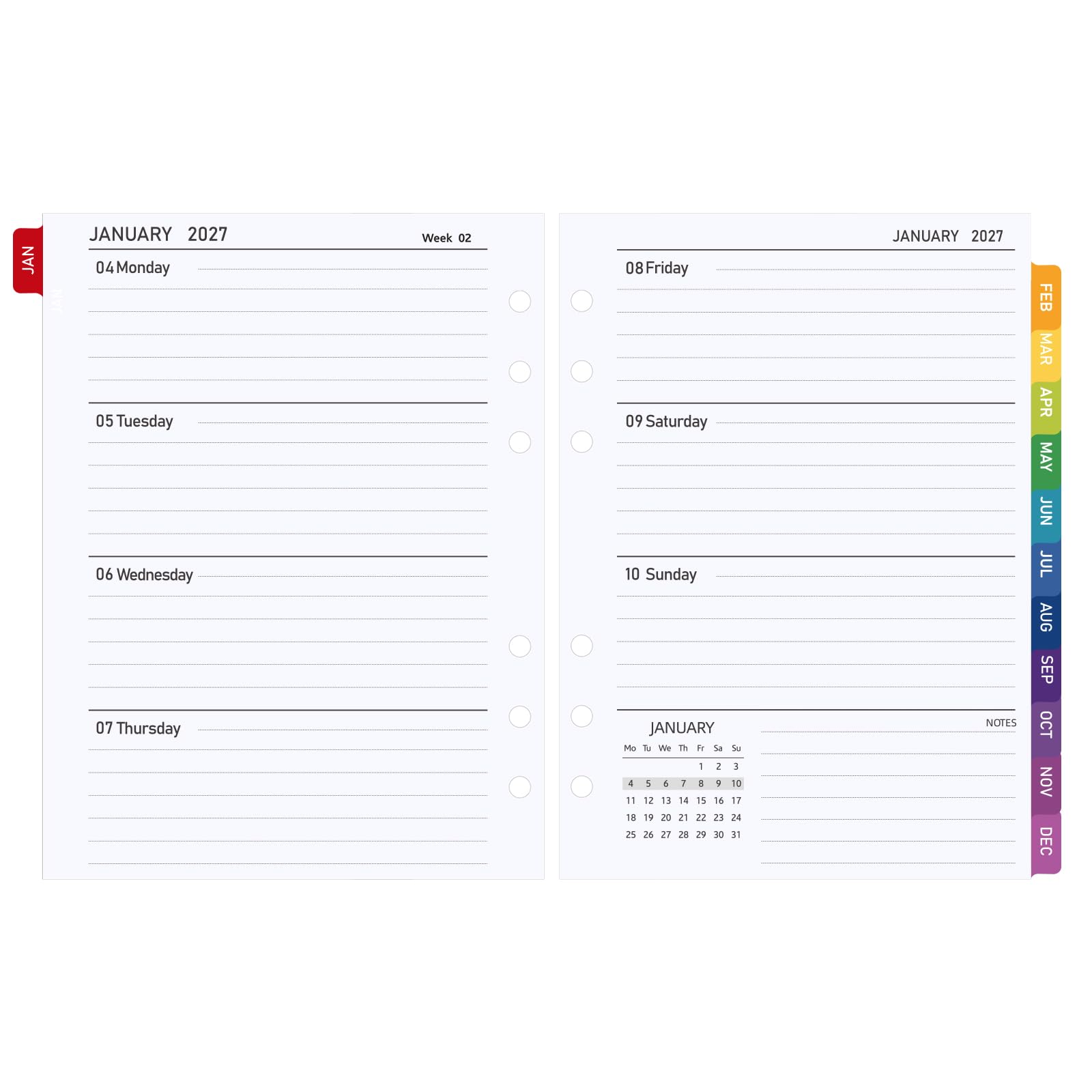 2027 Weekly Diary Refill A5 Size, Weekly Planner Inserts from January to December, Week on Two Pages with Colorful Monthly Tabs, Compatible with Filofax A5 organiser, 21 x 14.8 cm
