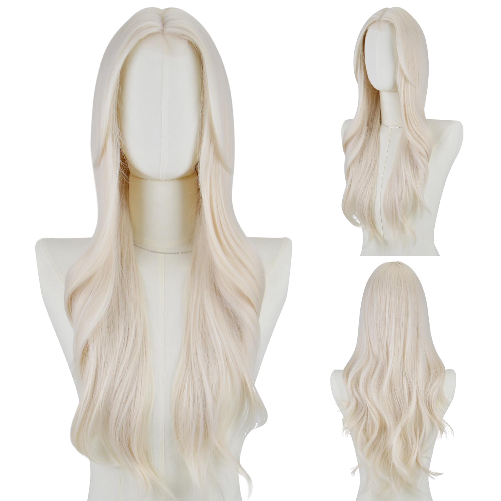 FREE BEAUTY Long platinum Blonde Wavy Wig for Women 26 Inch Middle Part Curly Wavy Wig Natural Looking Synthetic Heat Resistant Fiber Wig for Daily