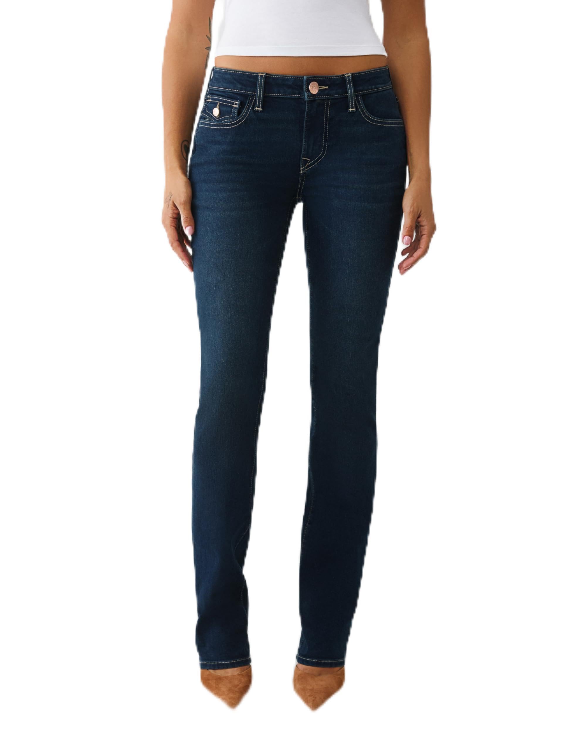True Religion Women's Billie Single Needle Mid Rise Flap Straight, Blue, 30