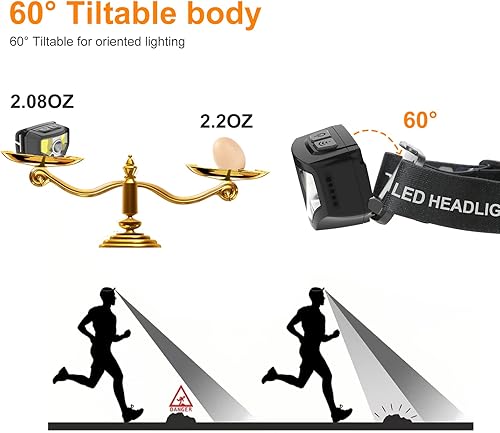 Miniatura 7 de Linterna frontal recargable, paquete de 2 unidades de 1200 lúmenes, súper brillante con lámpara LED blanca y roja, 12 modos, sensor de movimiento,