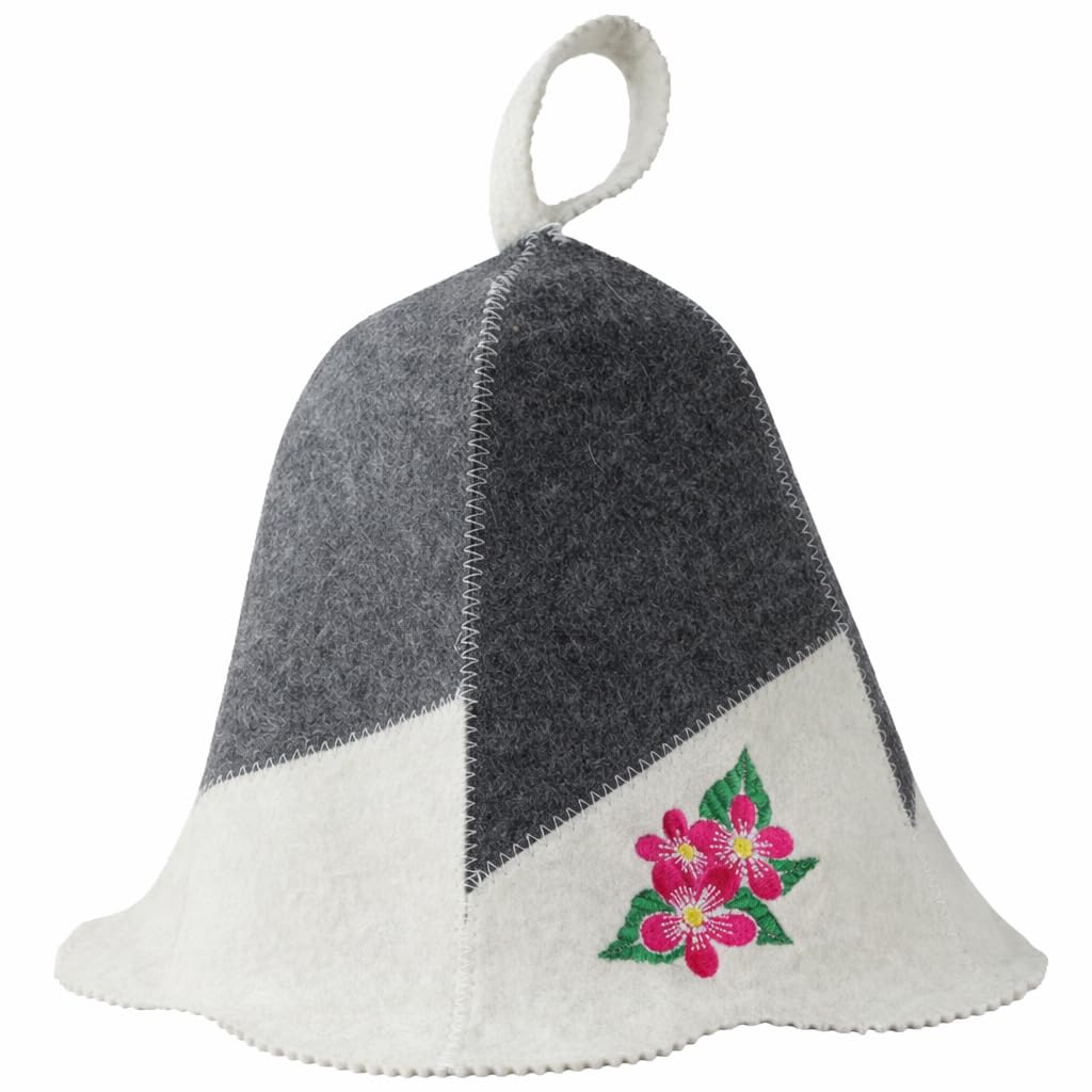 Prinzeps Women's Grey-White Sauna Hat Perfect Sauna Hat Made Of 100% Wool Felt – Felt Hat White/Grey With Flower Embroidery – Ideal Sauna Headwear Sauna Hat – Gifts For Sauna Goers