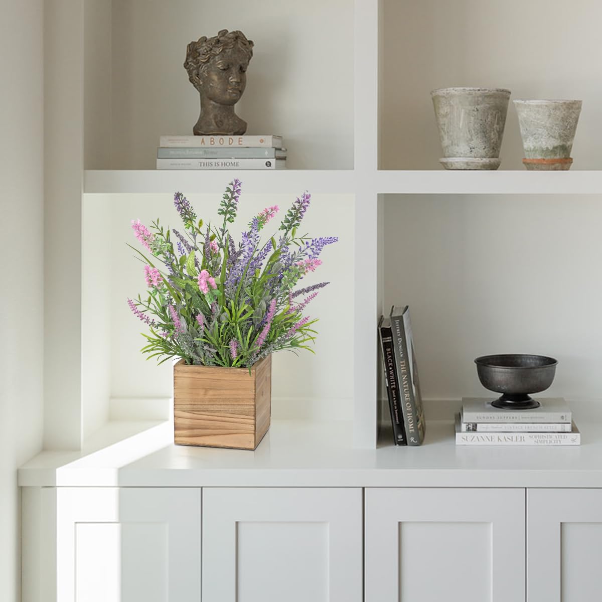Briful Artificial Lavender in Wooden Pot, Silk Flowers Flocked Plants - Image 4