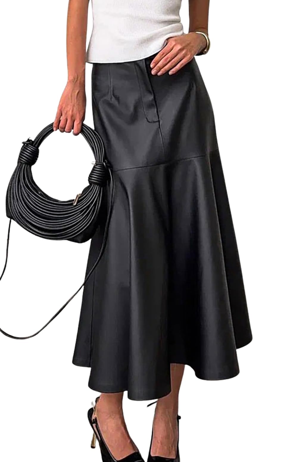 chouyatou Women Fall A-Line Pleated Faux Leather Skirt Work Elegant Swing Midi Long Fishtail Winter Skirt