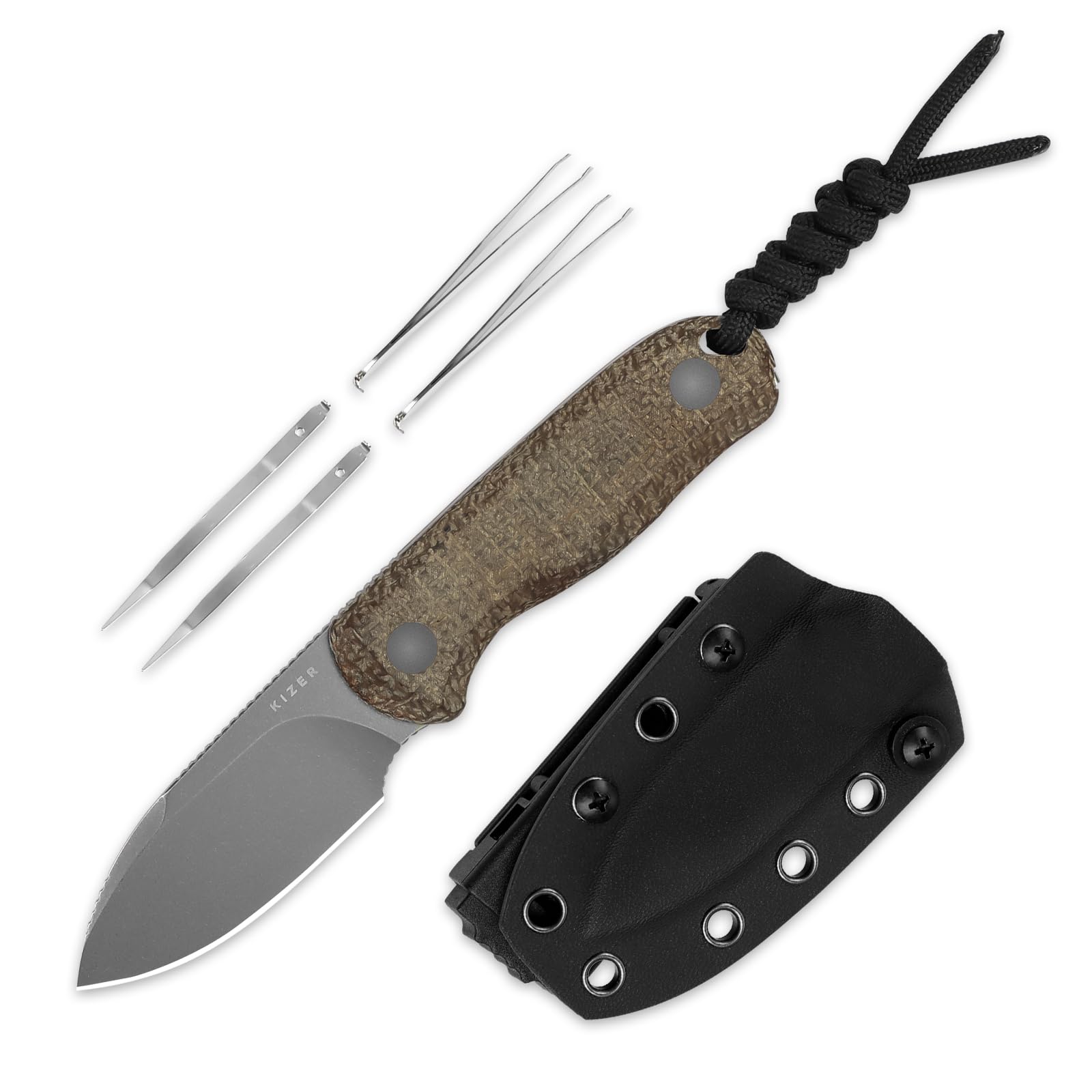 Kizer Drop Bear Fix Couteau de Camping, Lame Fixe EDC 2,57" en 14C28N avec Manche en Micarta Jute, Couteaux de Randonnée à Soie Pleine avec Étui Kydex Réglable, 1094A1