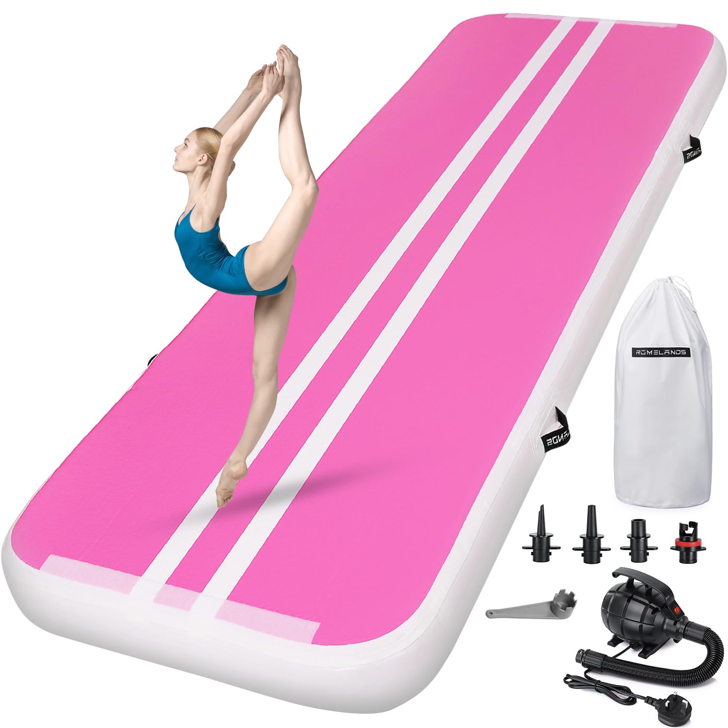 ROMELANDS Air Gymnastics Track Tumbling Mat 4 Thick, 10/13/16 Ft Inflatable Training Mats For Home Use With Pump (BERRYPINK, 10ft×3.3ft×4inch)