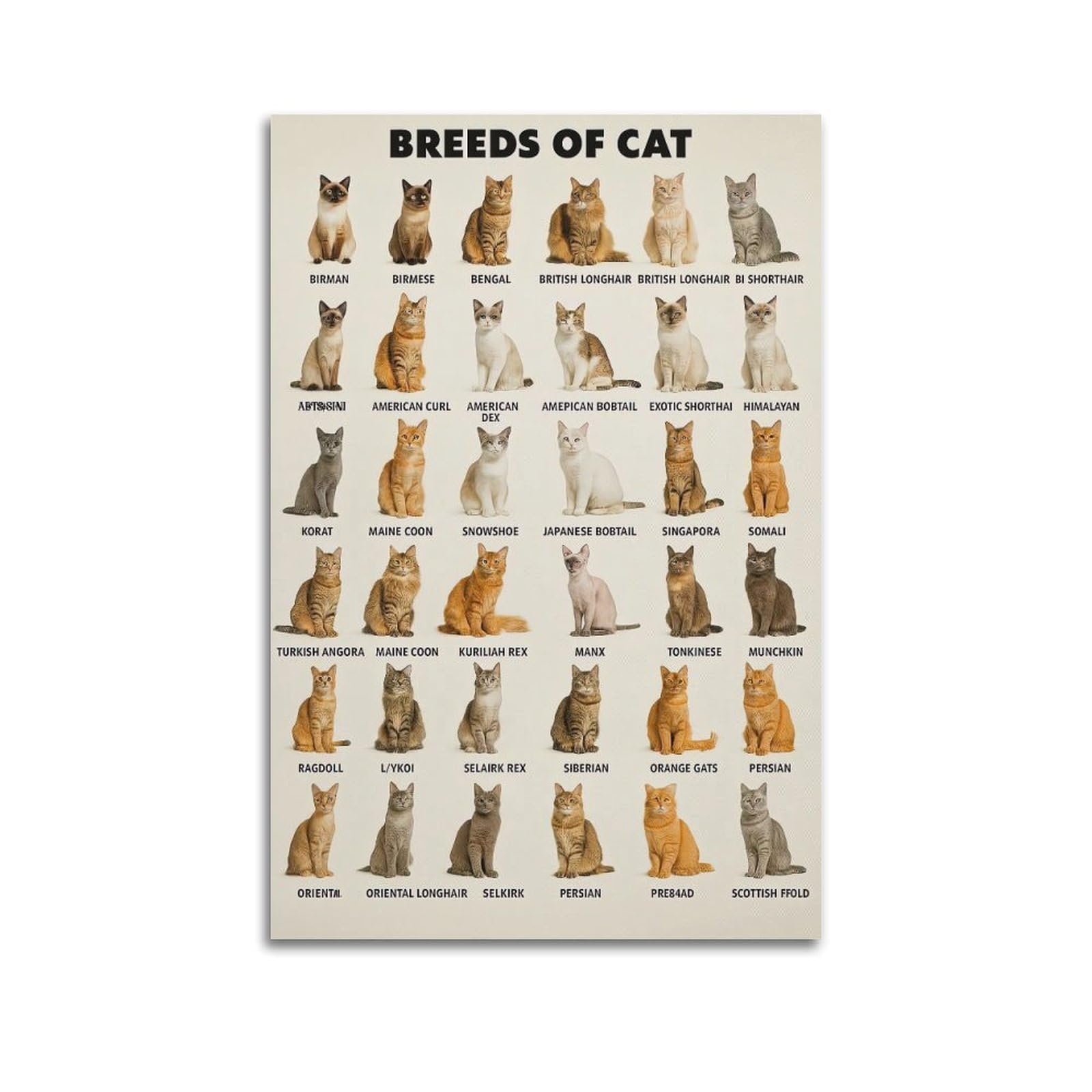 ESTE Cute Animal Cat Poster Breeds of Cats Decorative Painting Canvas Modern Art Picture 24x36inch(60x90cm)