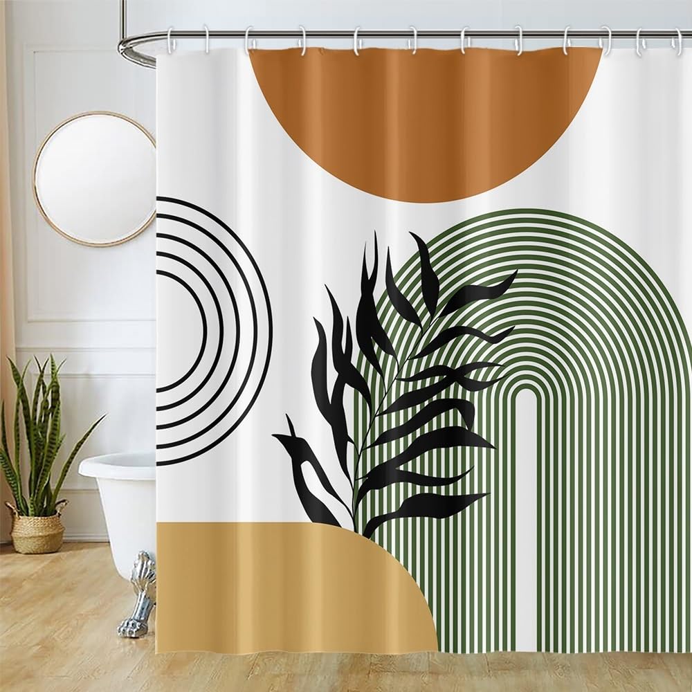 Uiiooazy Abstract Shower Curtain, Sage Green and Black Geometric Camber Lines Bath Curtain Anti-Mould Waterproof Polyester Bath Curtains with 12 Hooks 180 x 180 cm
