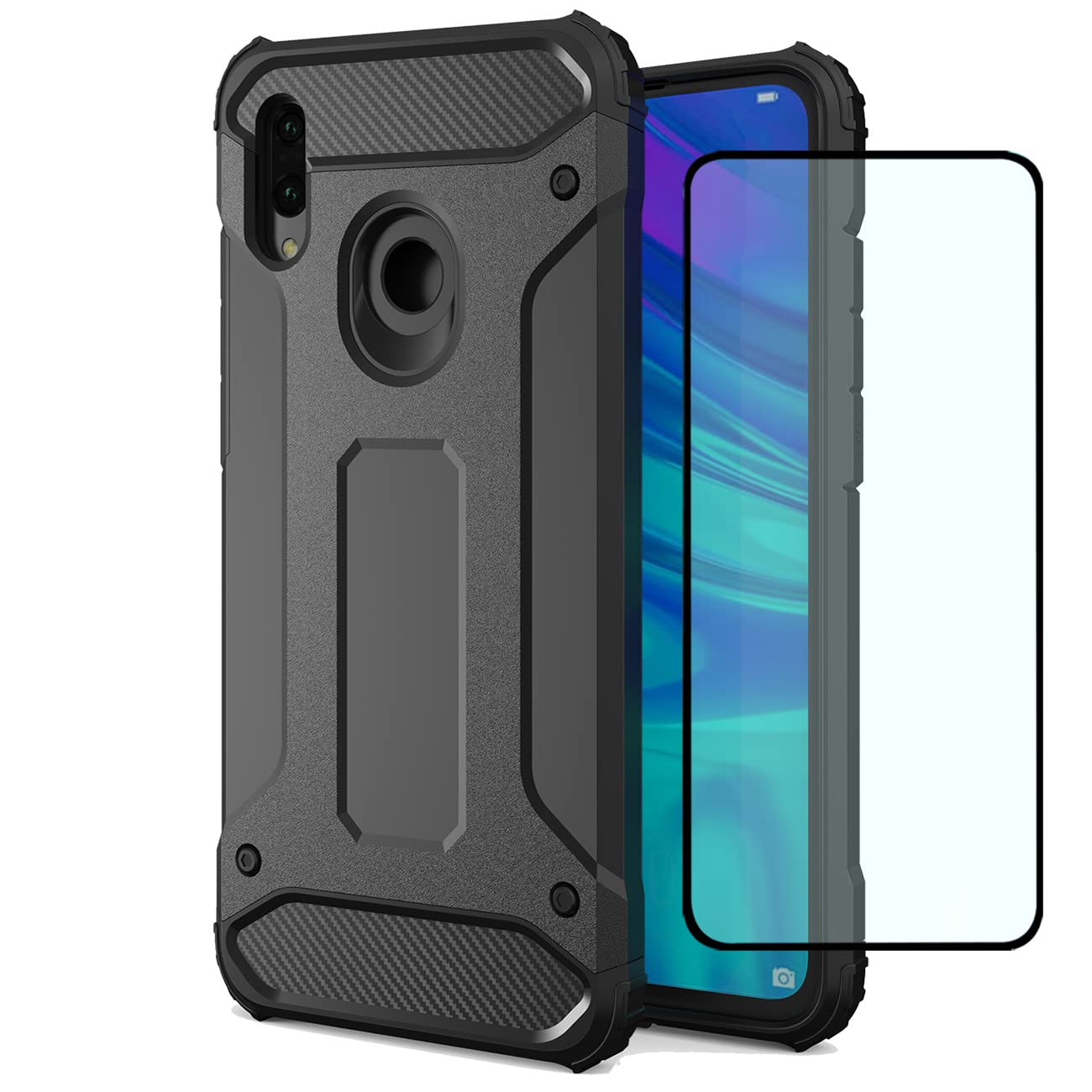 Phone Case for Huawei P Smart 2019 Case, Honor 10 Lite Case HD Screen Protector, Slim Hybrid Dual Layer TPU+PC Protective Phone Cover Shockproof Cases for Huawei P Smart 2019 Black