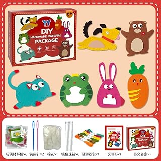 fengxuanwl Juego de costura infantil de 6 piezas, con formas de animales, kit de costura para niños, no tejido, con cadena de perlas, hilo de bordar, aguja de plástico, algodón de relleno y tijeras