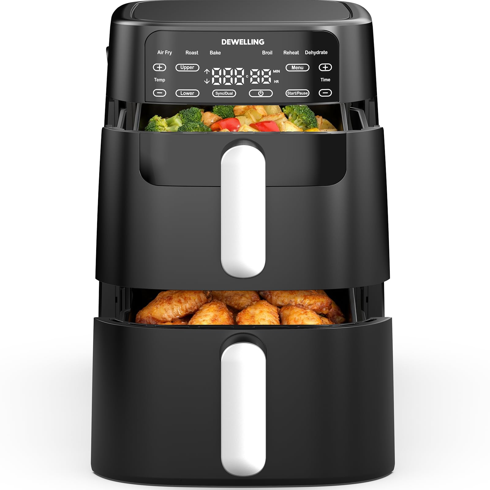 Airfryer 10L Double Stack - 2700W Heißluftfritteuse 2 Kammern, XXL Heissluftfritteuse mit vertikale Doppelkammer, 6-in-1-Funktionen, Max 230°C, PFAS-frei, Spart 50 Prozent Platz, Rezeptbuch