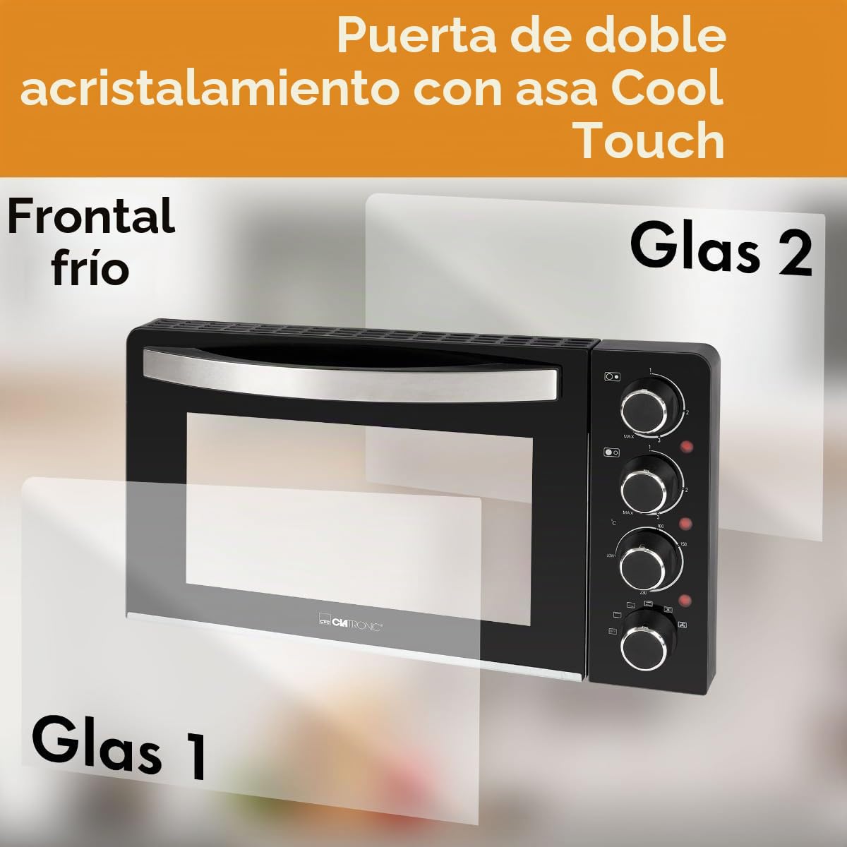 Clatronic® Minihorno con placas y asador giratorio - cocción y horneado simultáneos - 28L convección arriba/abajo calor 100°-230°C, minihorno eléctrico 3100 Watt incl. accesorios - KK 3786