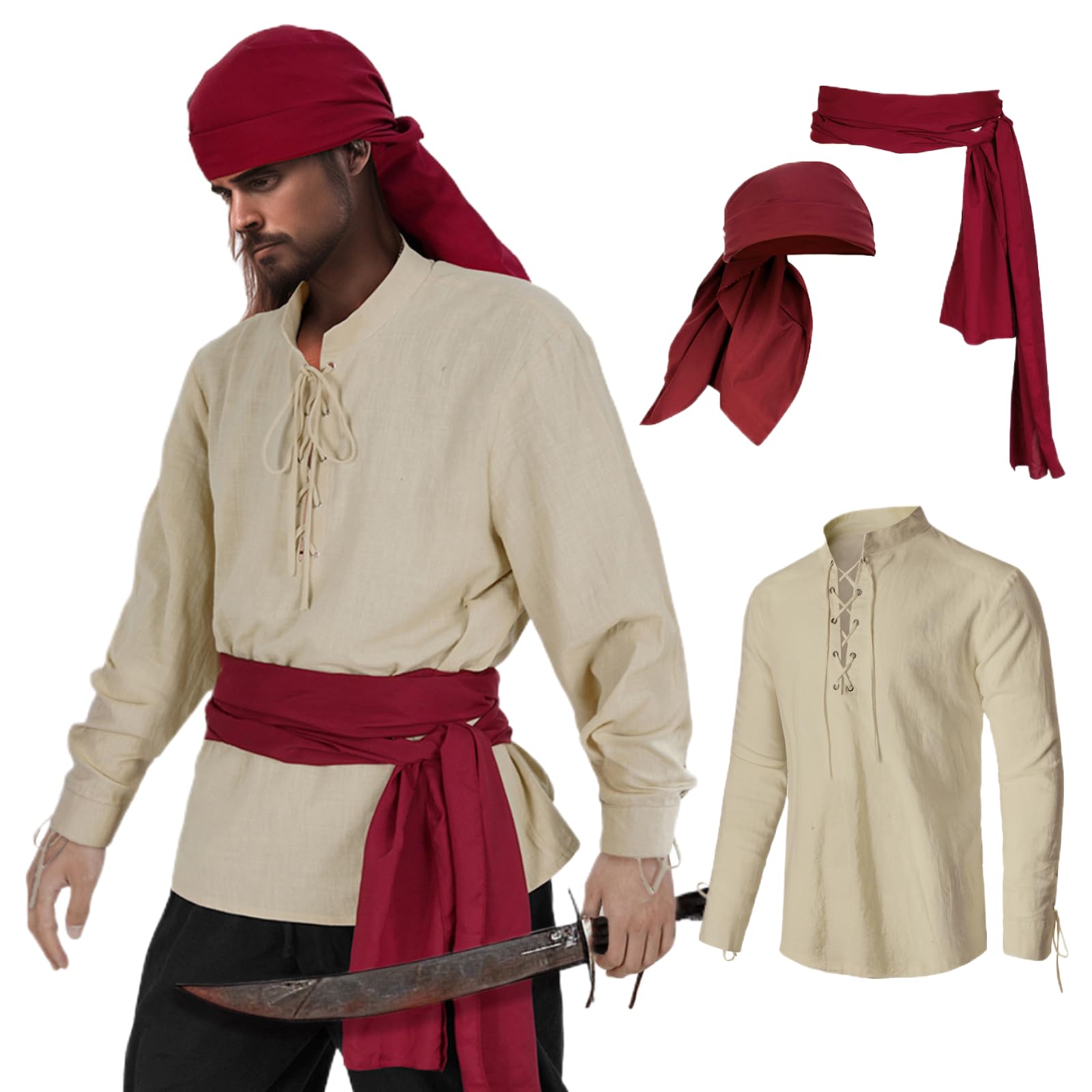 HSDOU Mens Pirate 3 Pcs Costume Set Renaissance Pirate Shirt Medieval Costume Viking, Z3760ye, 4XL