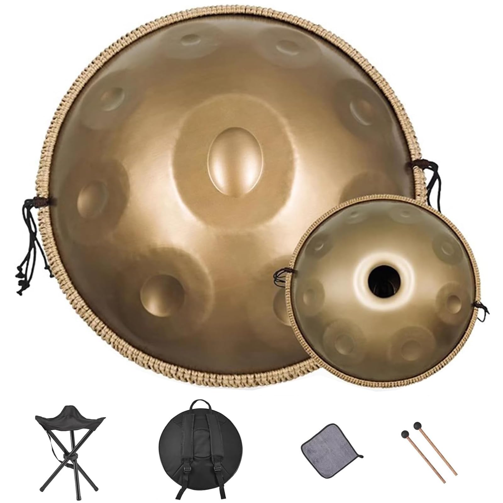 22-calowy bęben Handpan, 17 nut 440 Hz w D-moll ze stali. Zawiera miękki pokrowiec, pałeczkę i podstawkę. Ręcznie strojona harmoniczna perkusja do uzdrawiania dźwiękiem