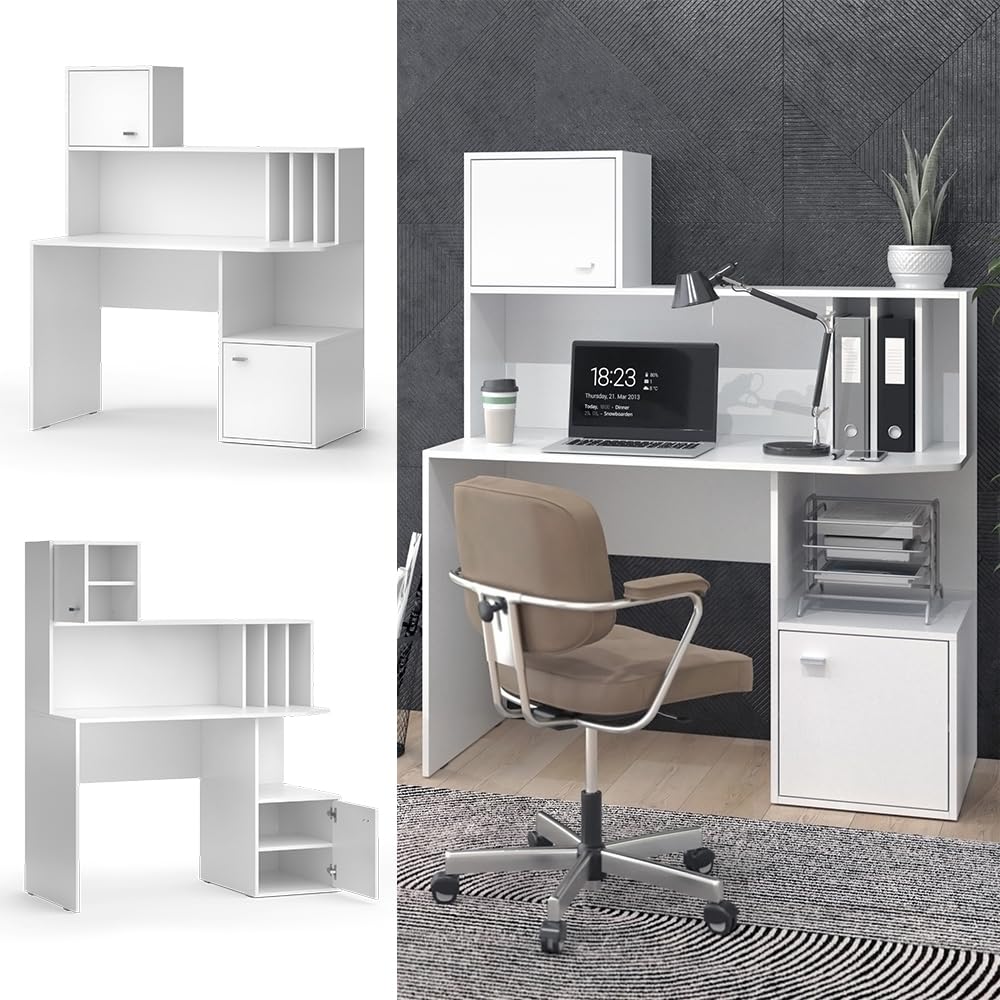 Vicco Bureau Alwin, Blanc, 115x55cm | avec 2 portes, convient à une utilisation comme poste de travail avec surfaces de rangement