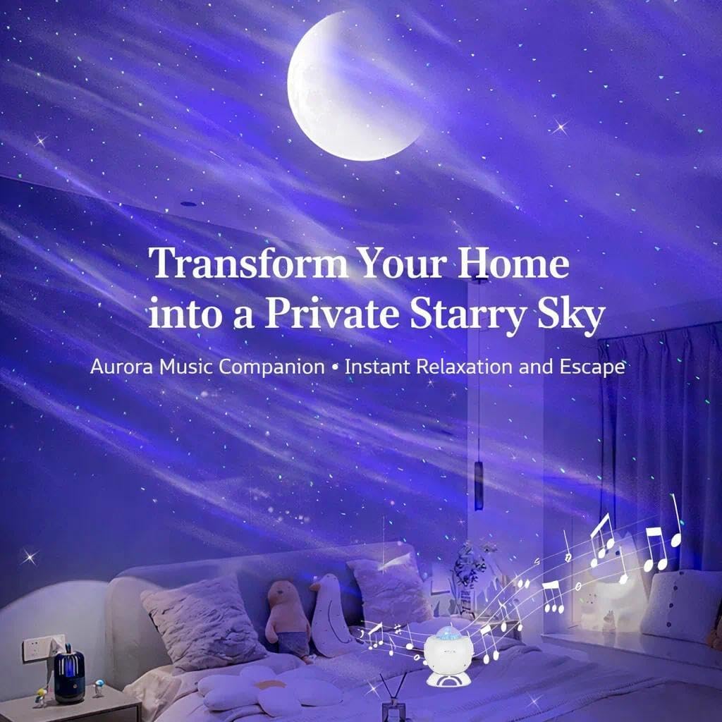 Aurora Light Projector with Bluetooth Speaker, Galaxy Projector for Bedroom, 8 Single Light Effects & 5 Star + Aurora Projections, Remote Control, White Noise, Night Light for Kids Adults