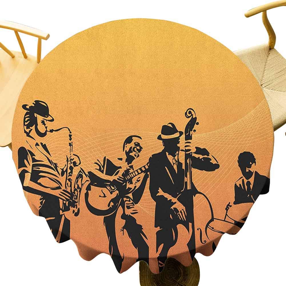 Jazz Music Tablecloth - 60 Inch Round Tablecloth Home Silhouette of Jazz Quartet Performing on Stage Acoustic Passion Old Style Art Decorated Kitchen Mustard Black