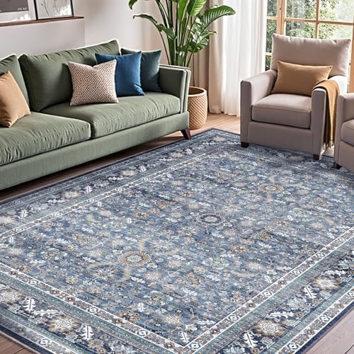 OPPODREAM Vintage Blue Area Rugs 5x7, 5 x 7 Retro Washable Rug Non Slip, Low-Pile Faux Wool Carpet,...