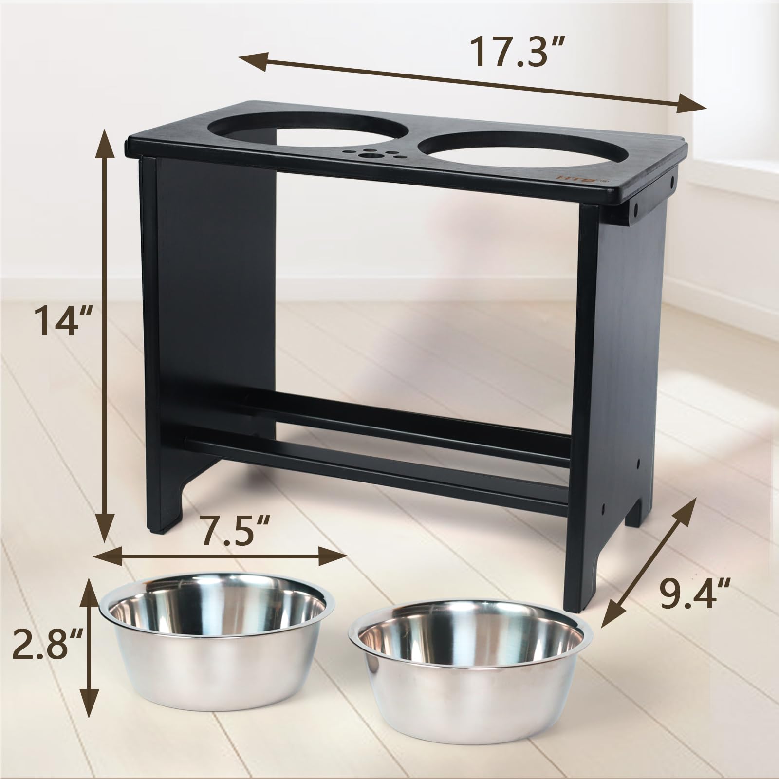 HTB Cuencos elevados extragrandes para perros con soporte, cuencos elevados de bambú para perros grandes, medianos y pequeños, comedero de bambú para mascotas con 2 cuencos de acero inoxidable, 43,99