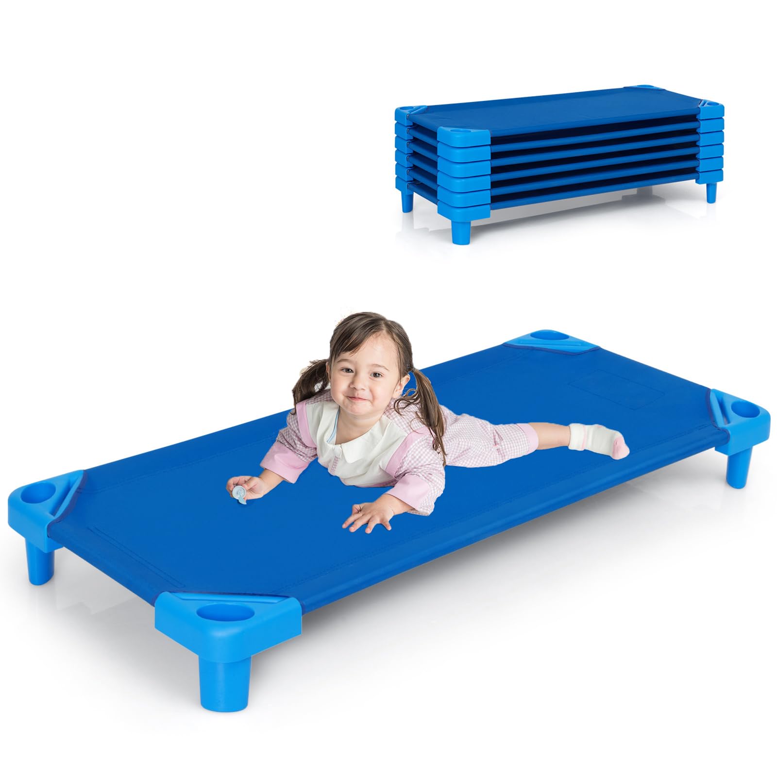 CHEFJOY Daycare Cots, 6-Pack Stackable Nap Bed Cot with Easy Lift Corners, Portable Children Sleeping Cots for Preschool Classroom, Nursery, Ready-to-Assemble (Blue)