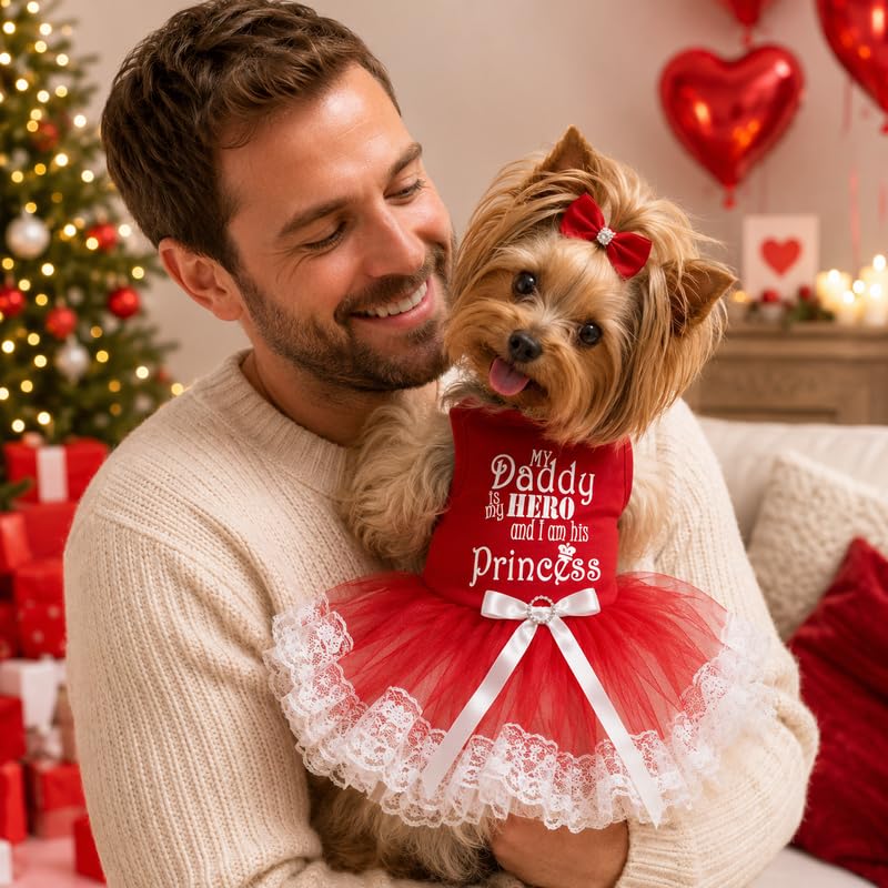 Robe pour chiot rouge et dentelle blanche S My Daddy Is My Hero - 3