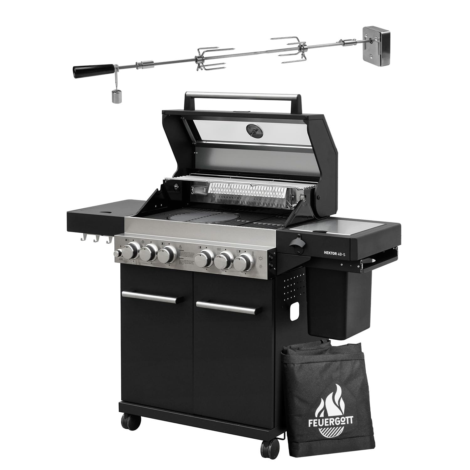 Barbecue à gaz Feuergott Hector 4B-S avec broche rotative et housse de protection avec 4 brûleurs, brûleur Sear, grille en fonte, brûleur arrière, réchaud latéral, fenêtre de visualisation et