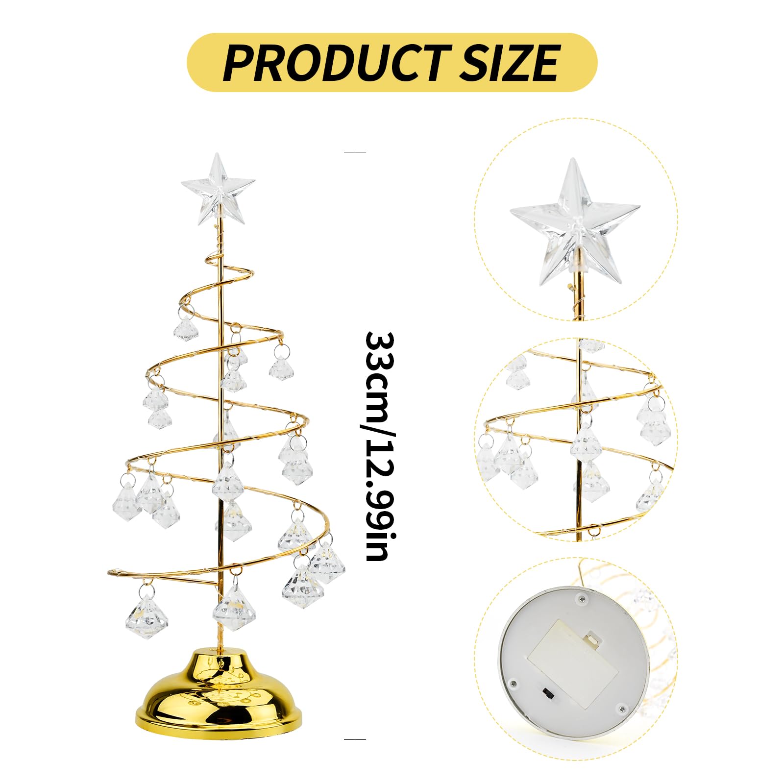 Lampki choinkowe z kryształami 33 cm, dekoracja stołu, lampa choinkowa z diodami LED i kryształowym wisiorkiem, dekoracja na biurko, do domu, na wesele, przyjęcie, dekoracja zimowa (złota)