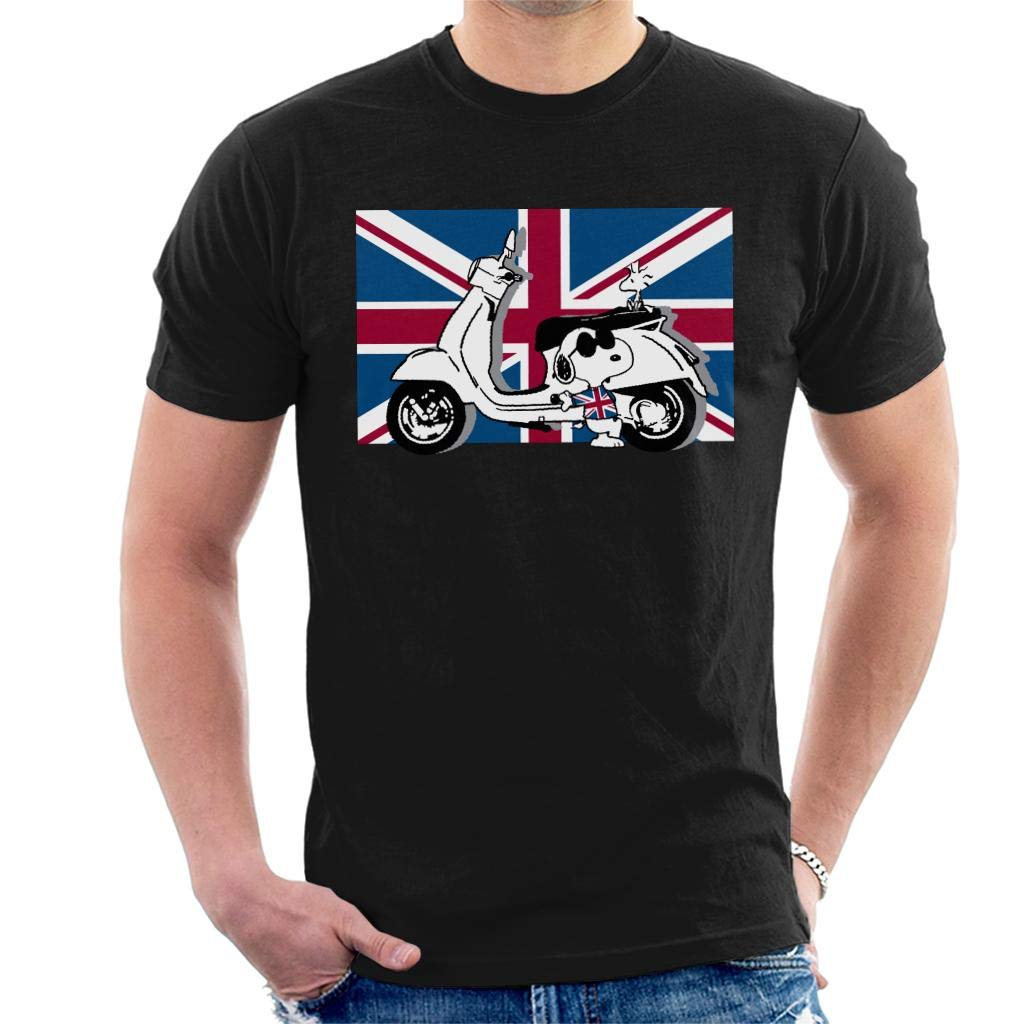 Peanuts Union Jack Scooter Snoopy Men's T-Shirt, XL Black