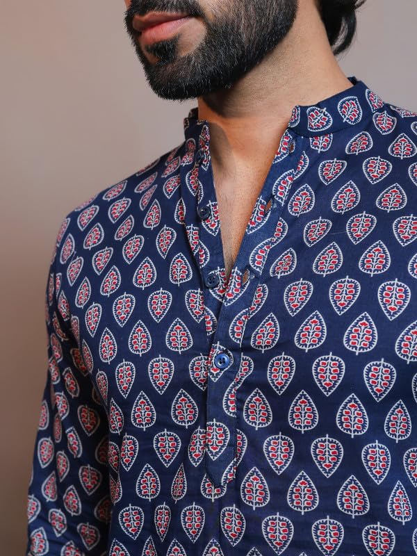 Image of Vastraa Fusion Men's Printed Kurta Pure Cotton Long Kurta, Round Collar, Full Sleeves, Button Kurta, Ethnic Wear