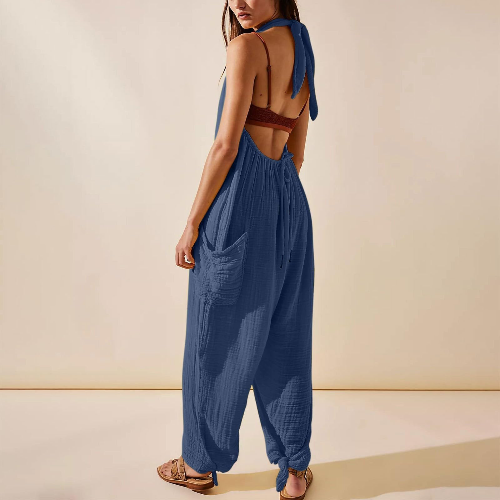 Combinaison pour femme - Sportif - Loisirs - Été - Salopette légère en lin - Pantalon de travail extensible - Avec col en V - Avec poches - Couleur unie - Sans manches - Combinaison d'été