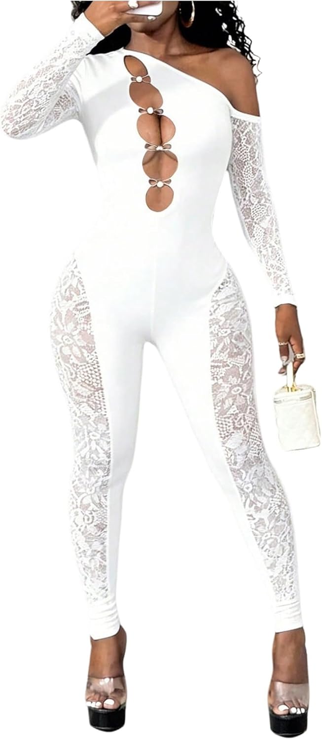 SHENHE Women's Sexy Jumpsuit Mesh One Shoulder Hollow Out Long Sleeve Sheer Rave Jumpsuit Clubwear